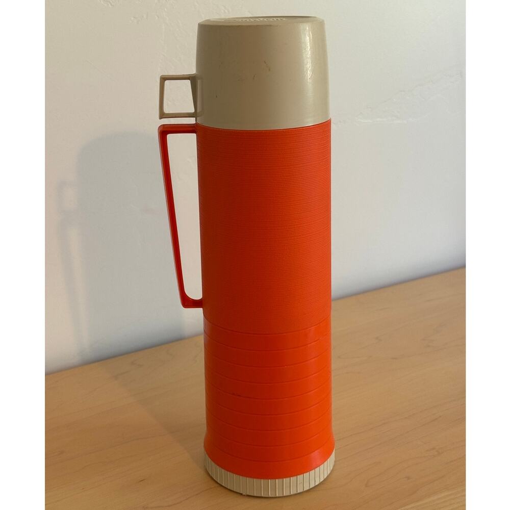 Vintage 1970s King-Seeley Thermos Orange Plastic & Beige Pint Vacuum Flask